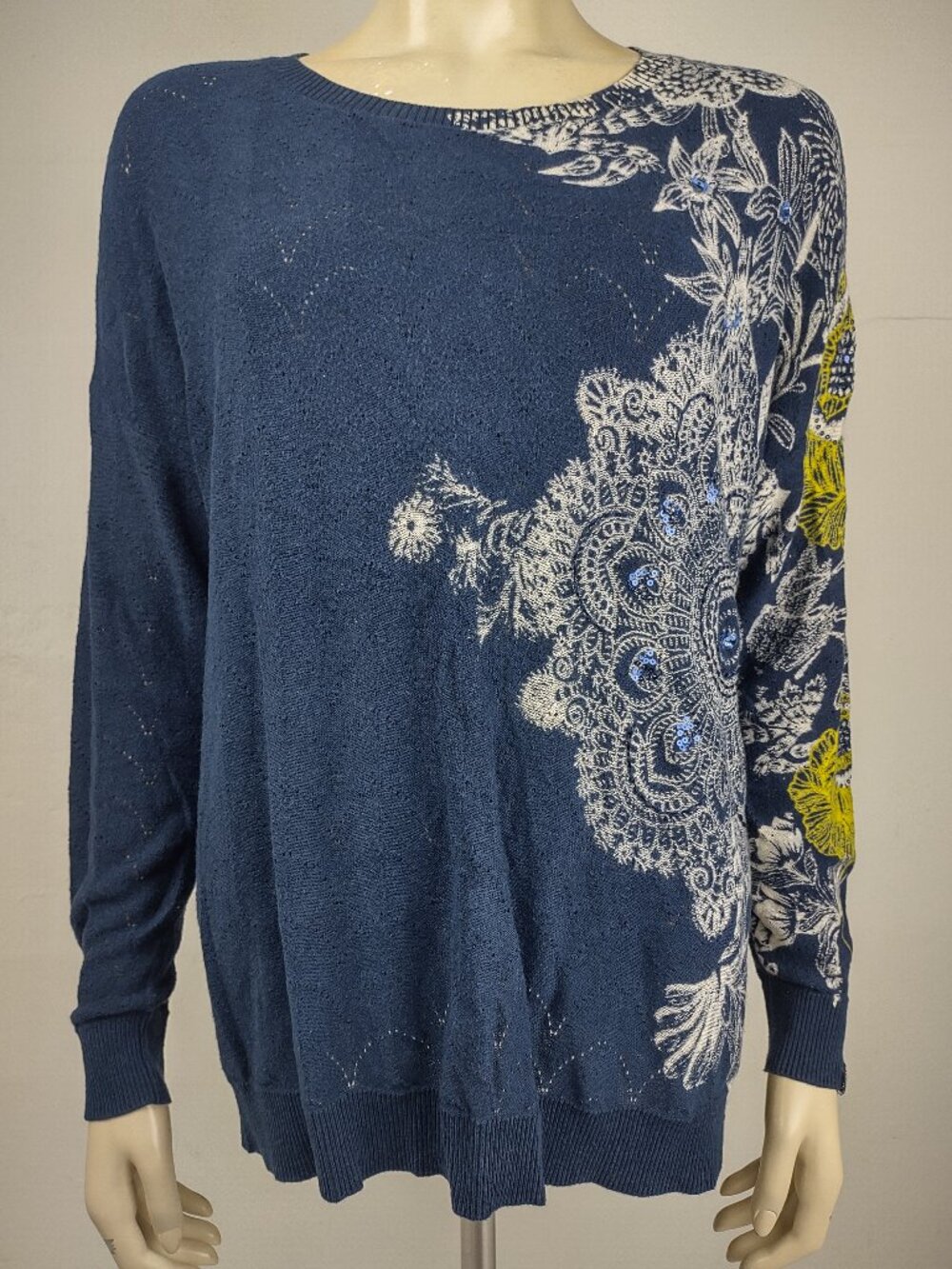 Desigual blue white floral jewel embellished lightweight sweater ladies Large